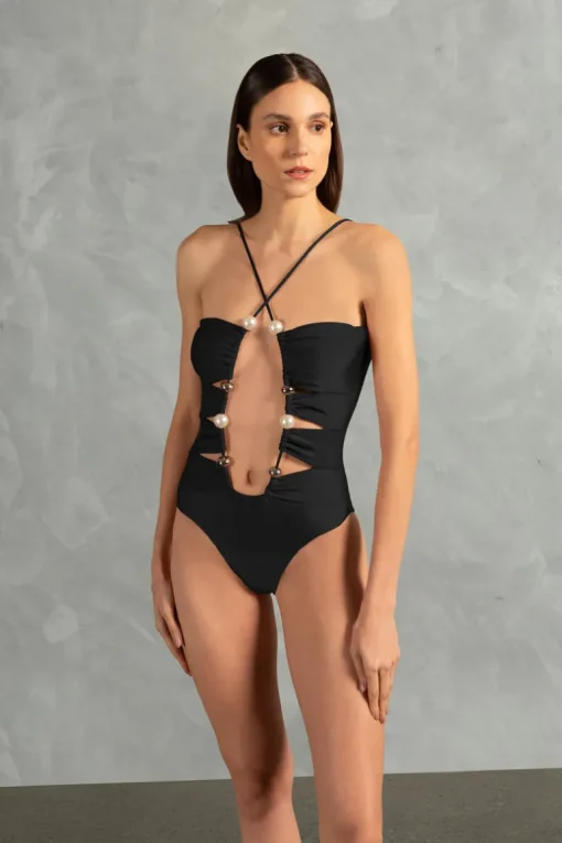 Oysters Solid Cut-Out Swimsuit With Pearls