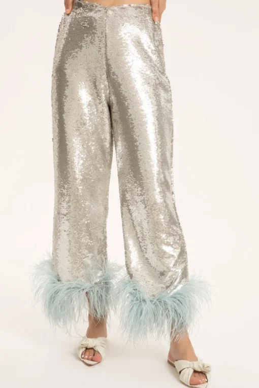 Sequins Wide-Leg Pants With Feathers