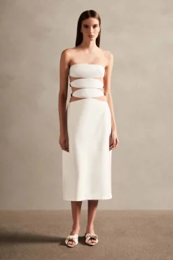 Vintage Orchid Solid Strapless Cut-Out Midi Dress