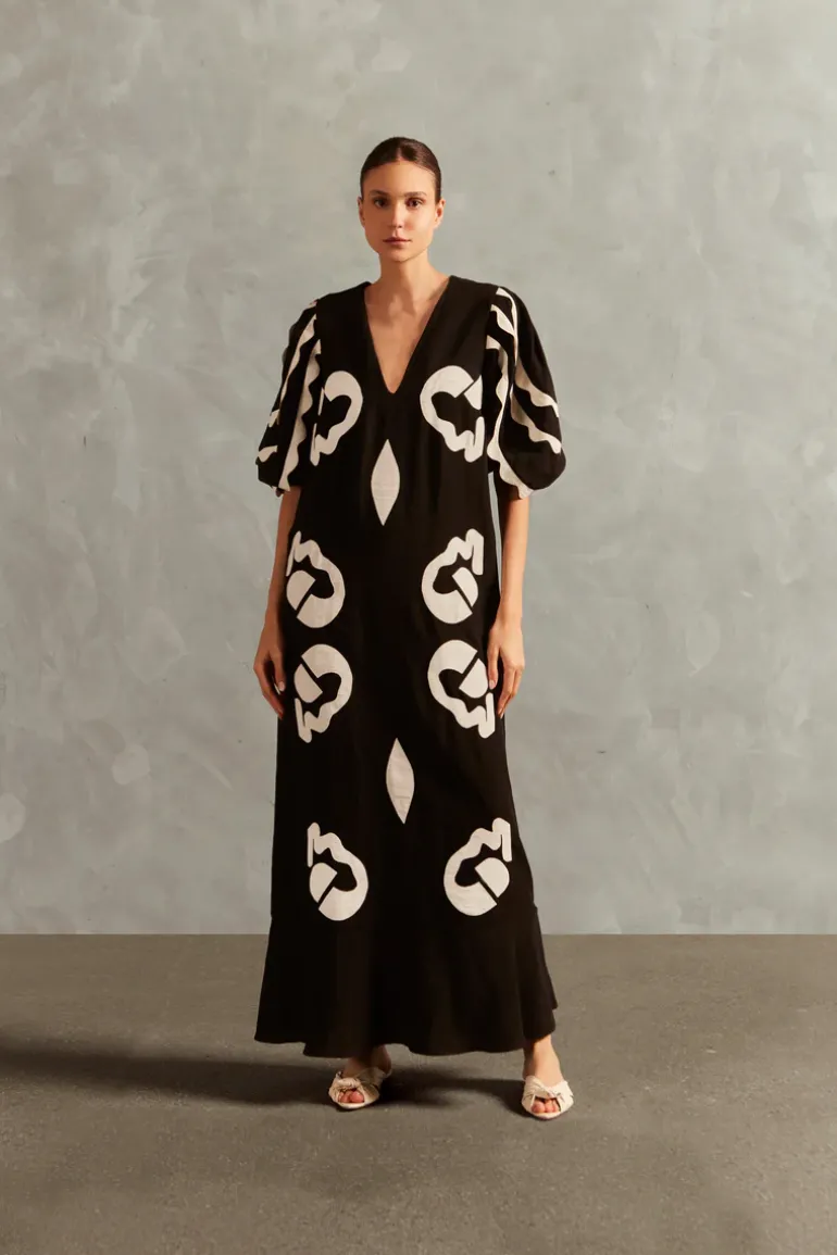 Appliqué V-Neck Long Dress