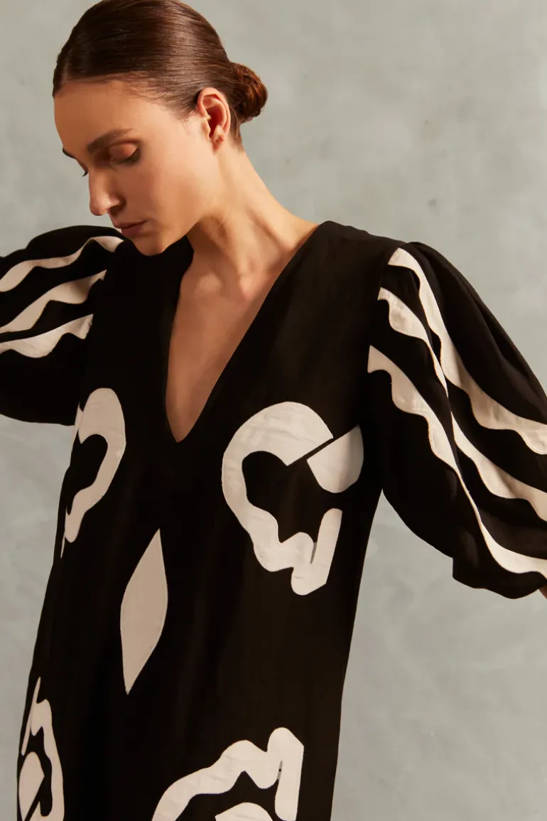 Appliqué V-Neck Long Dress