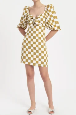 Carre Vintage Puff-Sleeved Short Dress With Knot