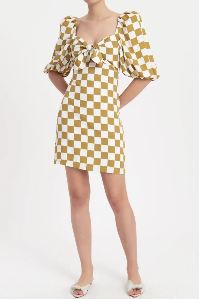 Carre Vintage Puff-Sleeved Short Dress With Knot