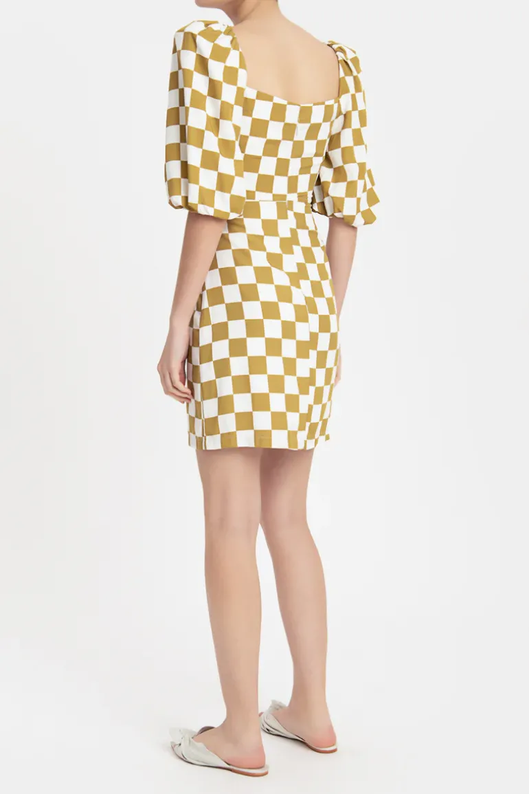 Carre Vintage Puff-Sleeved Short Dress With Knot