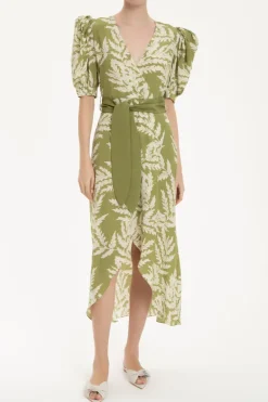 Classic Foliage Silk Midi Dress With Sash
