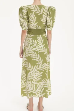 Classic Foliage Silk Midi Dress With Sash