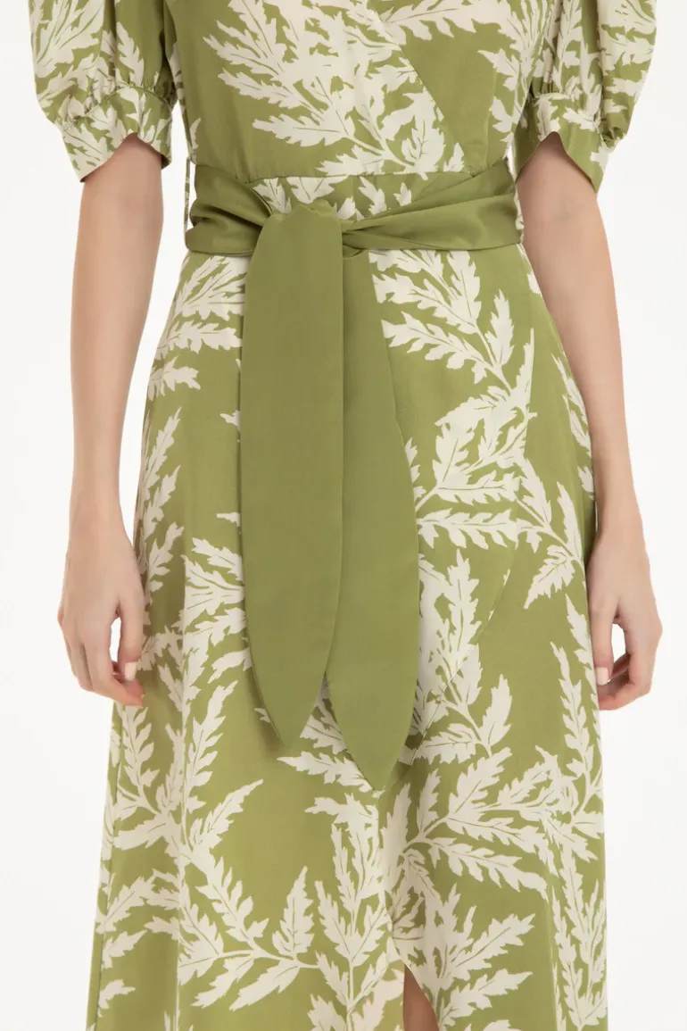Classic Foliage Silk Midi Dress With Sash