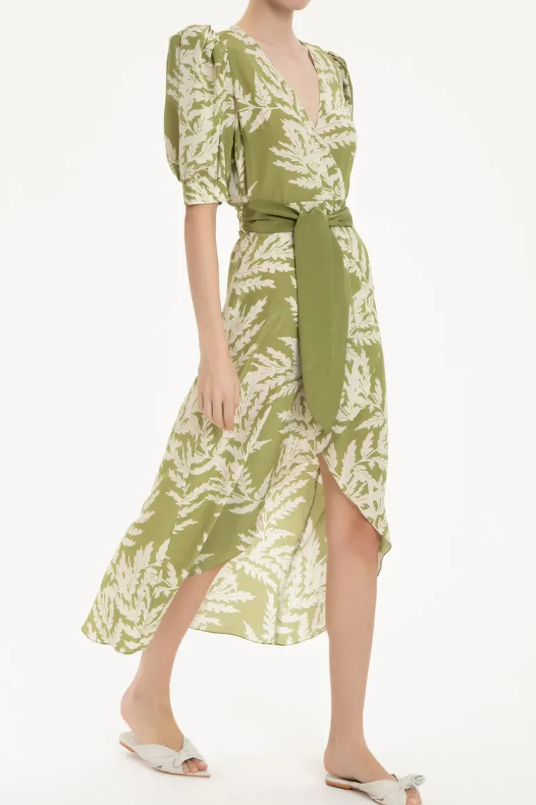 Classic Foliage Silk Midi Dress With Sash