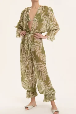 Classic Foliage V-Neck Ruffled Jumpsuit
