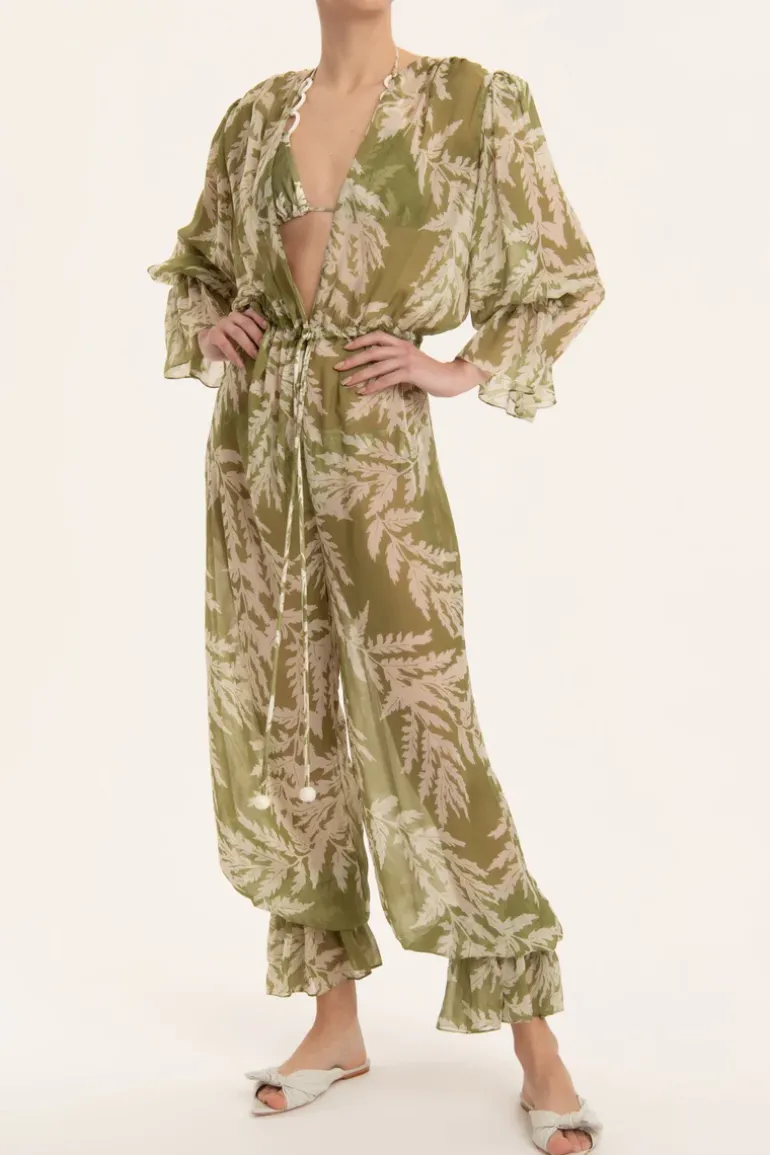 Classic Foliage V-Neck Ruffled Jumpsuit