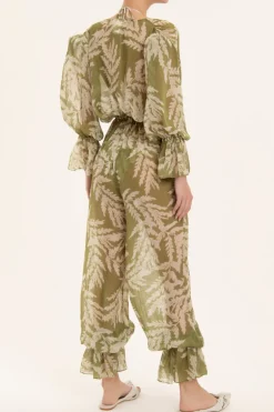 Classic Foliage V-Neck Ruffled Jumpsuit