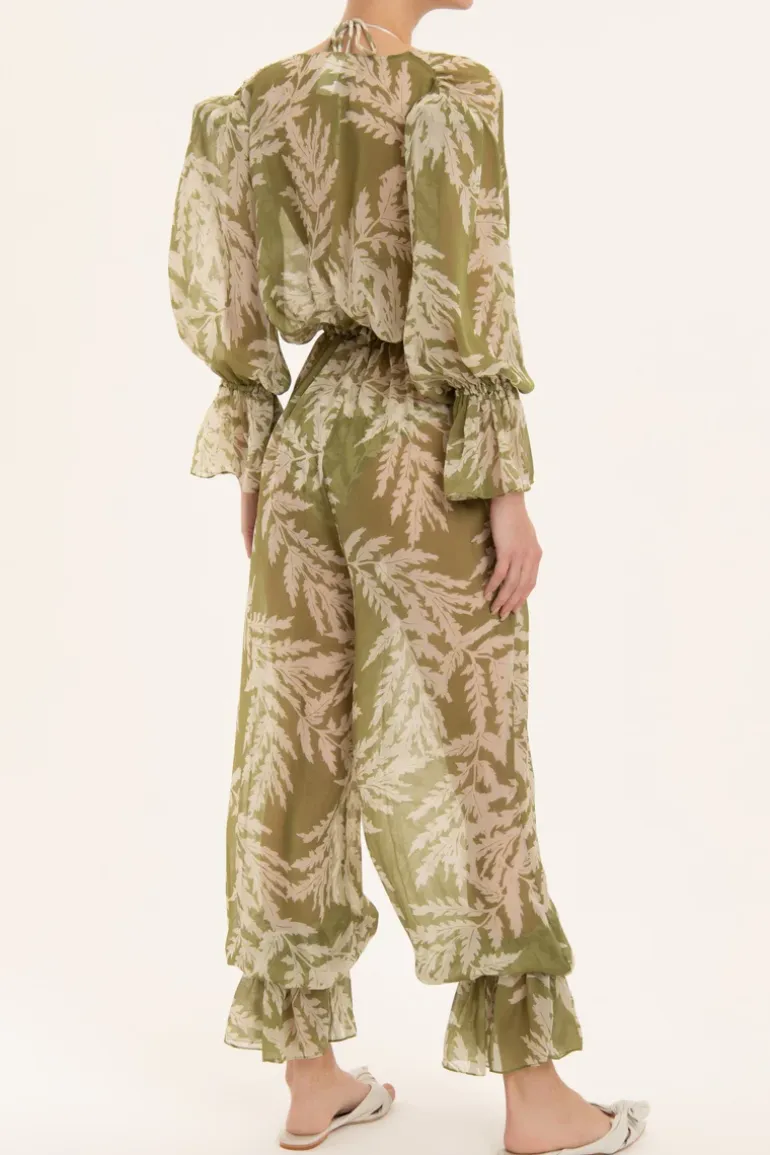 Classic Foliage V-Neck Ruffled Jumpsuit