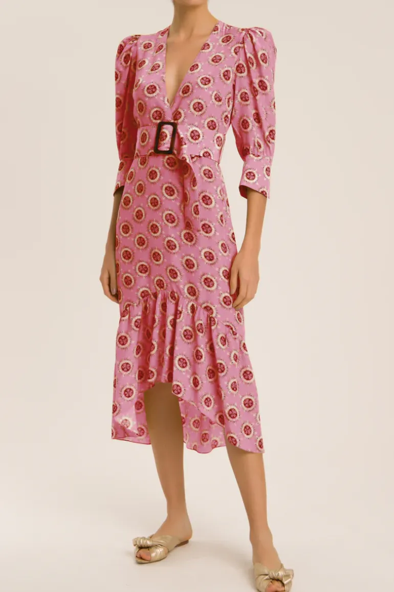 Exotic Passion Puff-Sleeved Silk Midi Dress With Belt