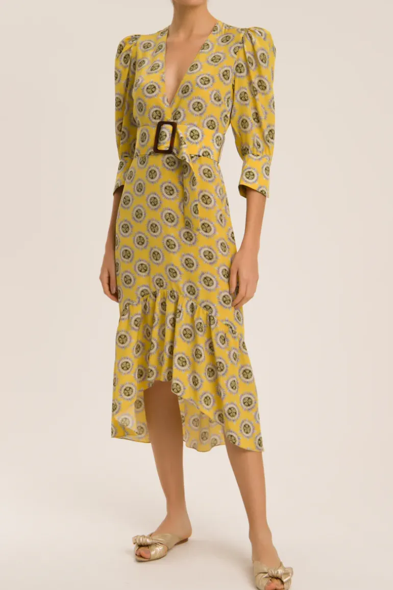 Exotic Passion Puff-Sleeved Silk Midi Dress With Belt