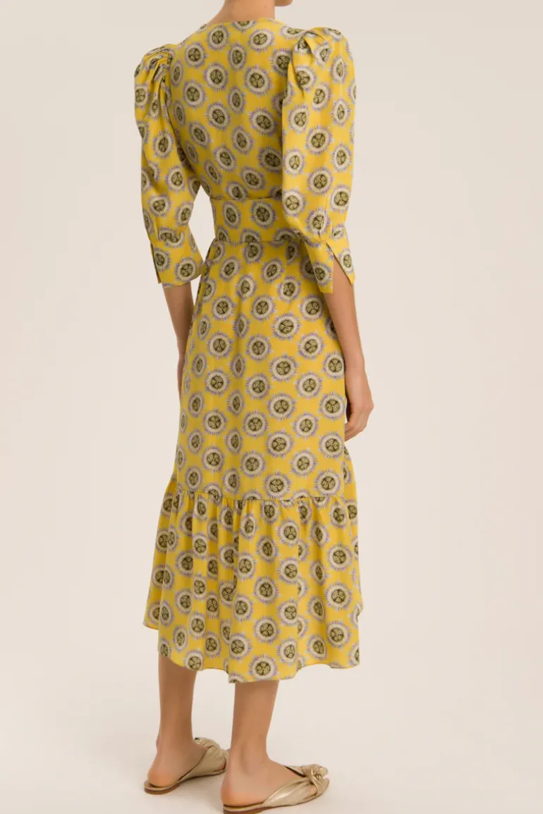 Exotic Passion Puff-Sleeved Silk Midi Dress With Belt
