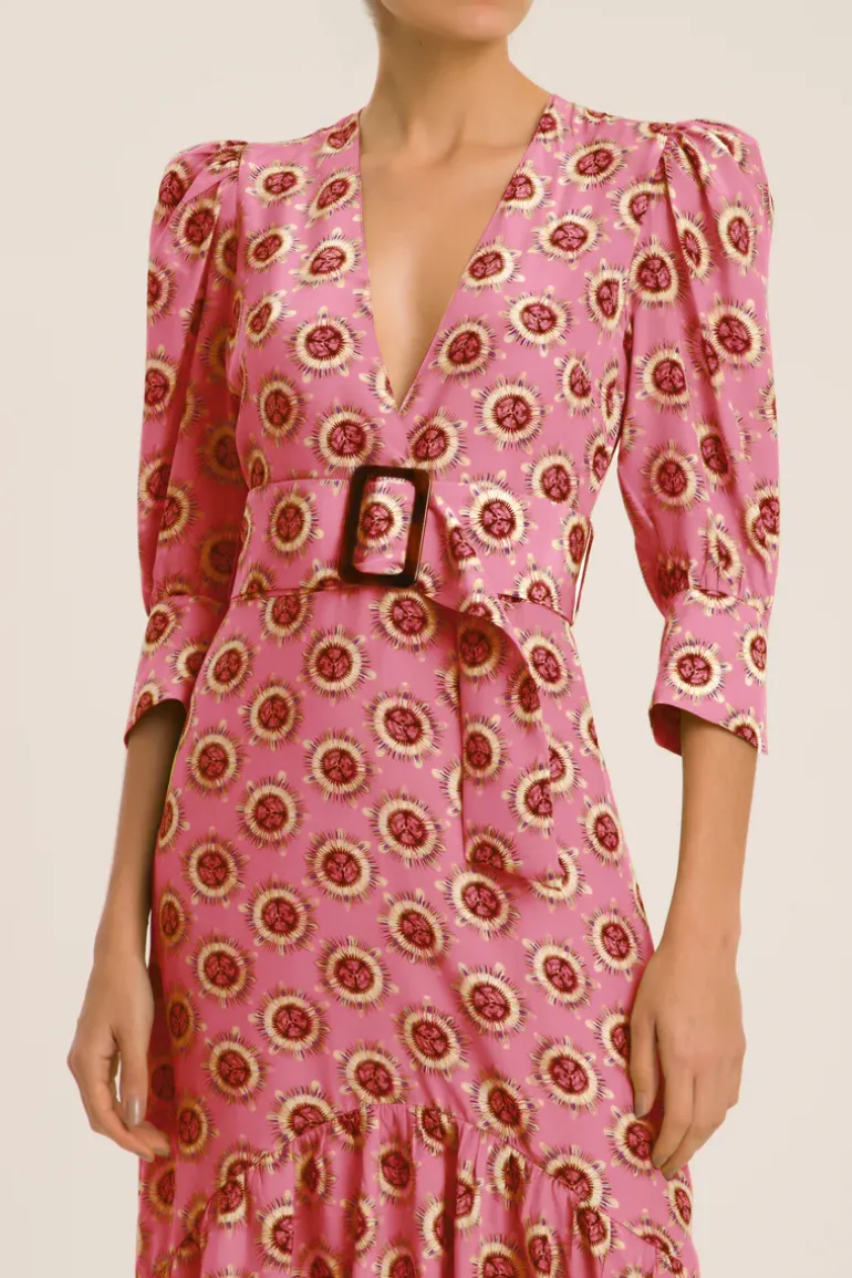 Exotic Passion Puff-Sleeved Silk Midi Dress With Belt