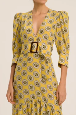 Exotic Passion Puff-Sleeved Silk Midi Dress With Belt
