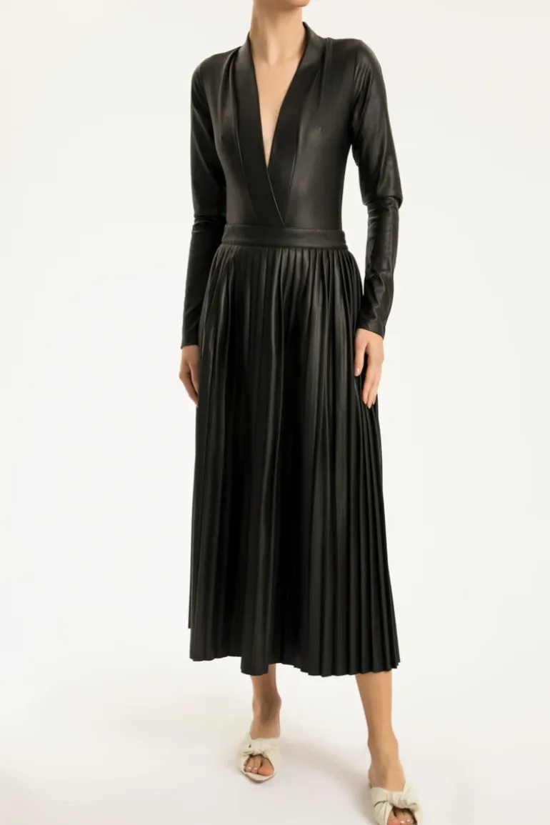 Faux Leather Pleated Midi Skirt