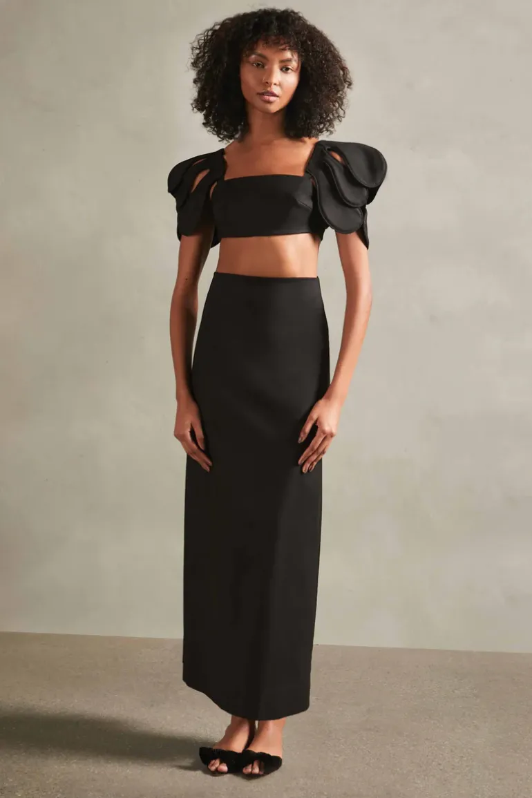 Floral Solid High-Waisted Long Skirt