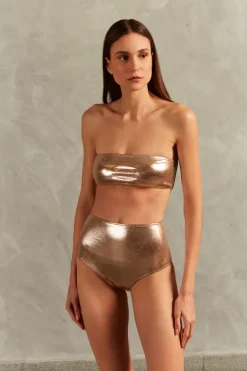Golden High-Waisted Bandeau Bikini