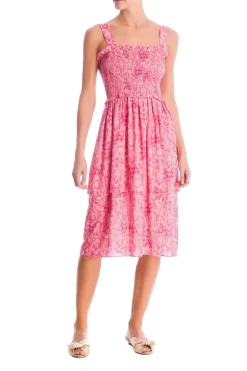 Hydrangea Print Midi Dress With Lastex Detail