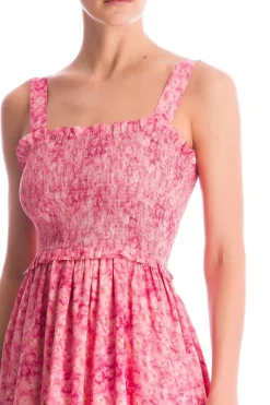 Hydrangea Print Midi Dress With Lastex Detail