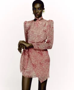 Hydrangea Puff-Sleeved Print Short Dress With Knot