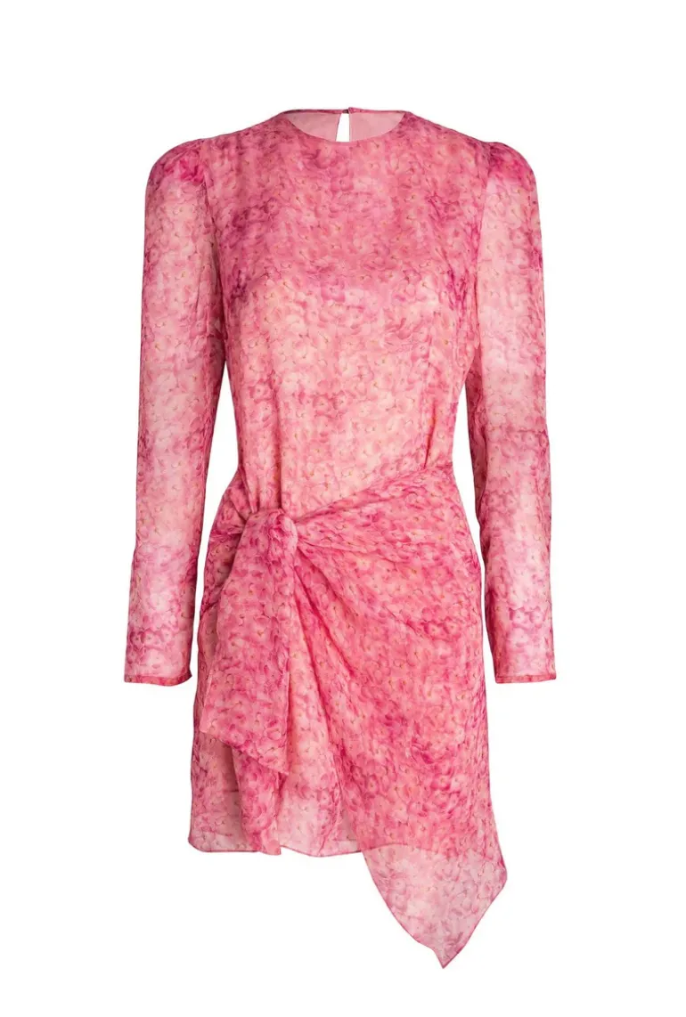 Hydrangea Puff-Sleeved Print Short Dress With Knot