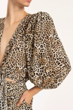 Leopard Puff-Sleeved Cropped Blouse With Knot