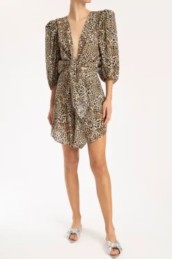 Leopard Puff-Sleeved Cropped Blouse With Knot