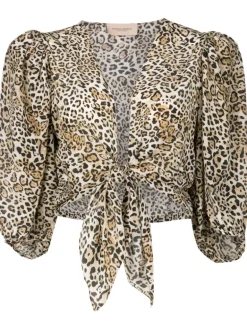 Leopard Puff-Sleeved Cropped Blouse With Knot