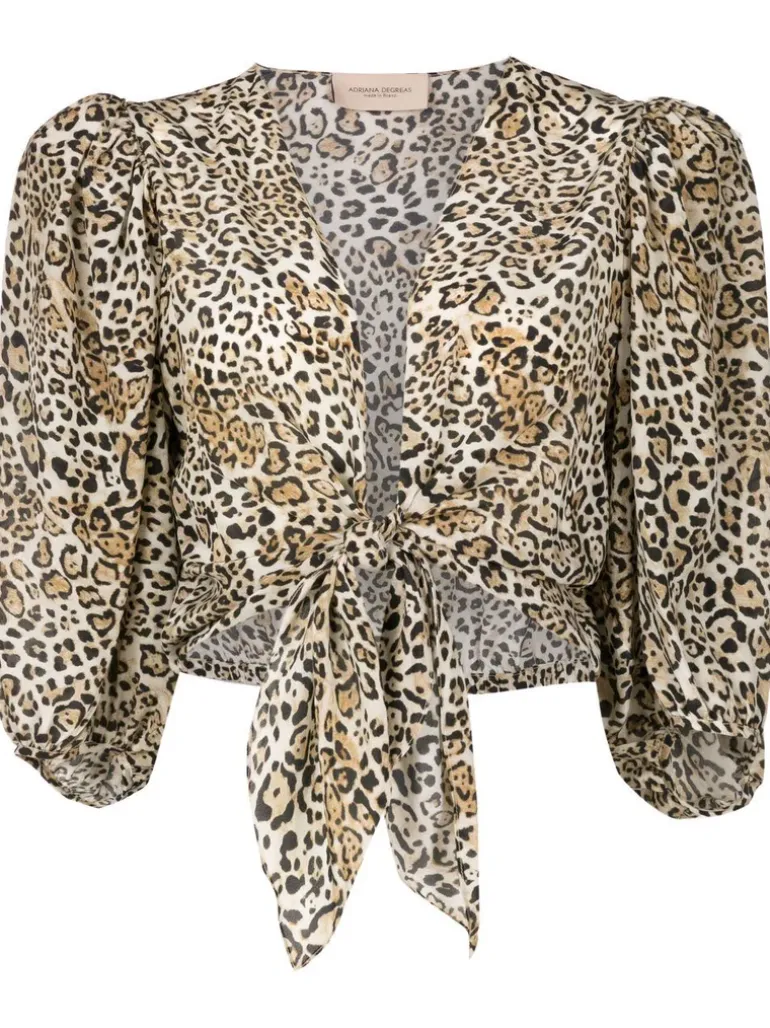 Leopard Puff-Sleeved Cropped Blouse With Knot