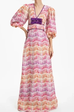 Lipstick Puff-Sleeved Long Dress With Bows