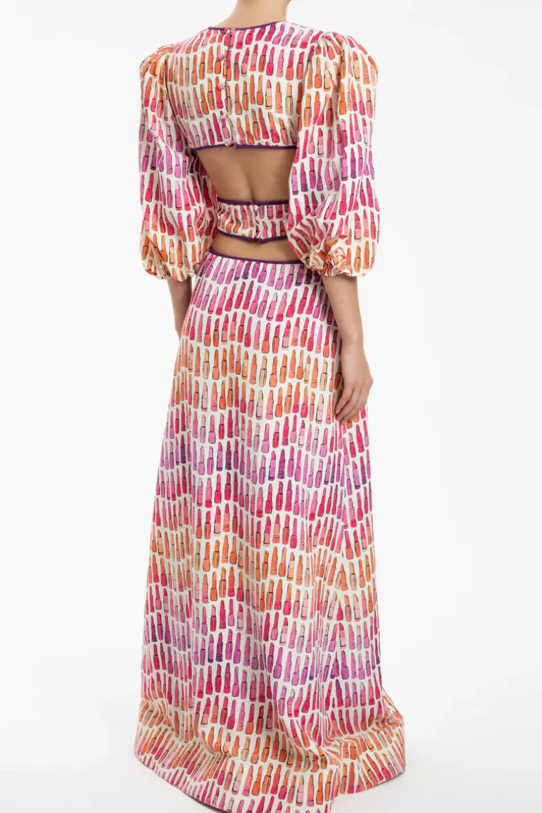 Lipstick Puff-Sleeved Long Dress With Bows