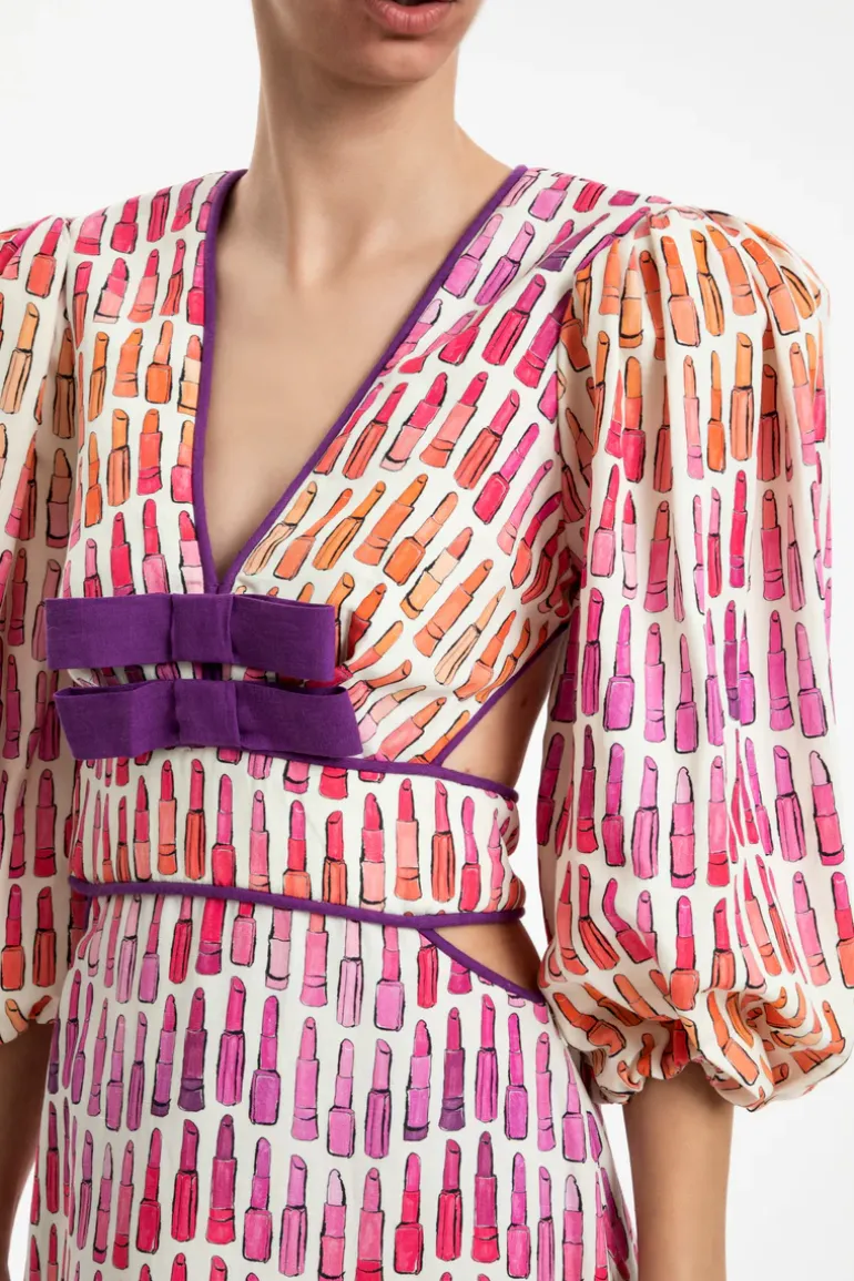Lipstick Puff-Sleeved Long Dress With Bows