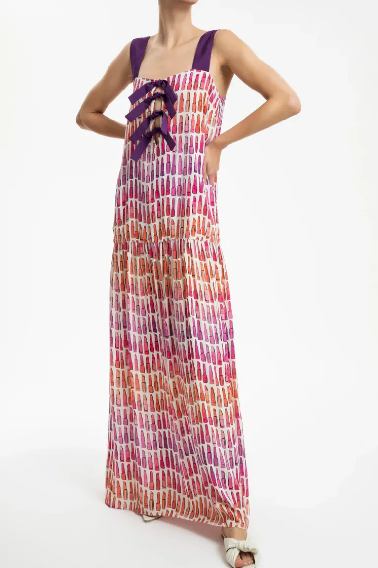 Lipstick Ruffled Long Dress With Bows