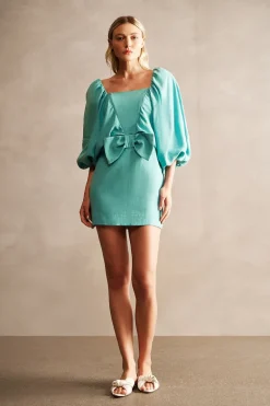 Lipstick Solid Puff-Sleeved Short Dress