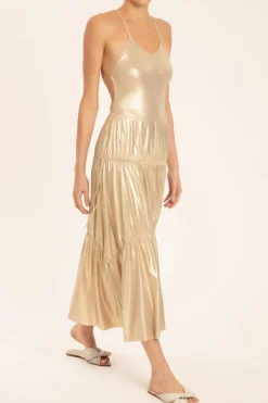 Metallic Frilled Midi Skirt