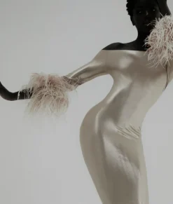 Metallic Off-The-Shoulder Short Dress With Feathers