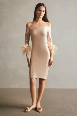 Metallic Off-The-Shoulder Short Dress With Feathers