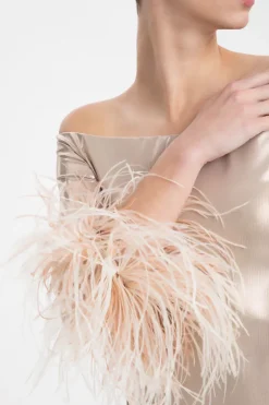 Metallic Off-The-Shoulder Short Dress With Feathers