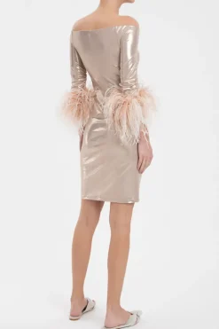 Metallic Off-The-Shoulder Short Dress With Feathers