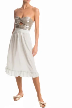 Metallic Strapless Midi Dress