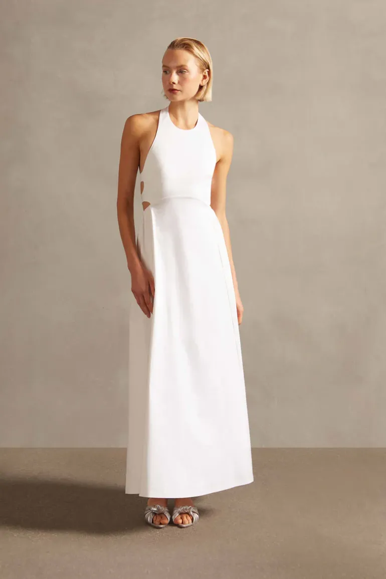 Off-White Solid Cotton Long Dress