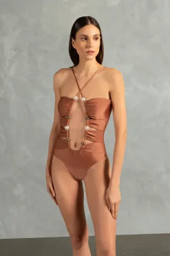 Oysters Solid Cut-Out Swimsuit With Pearls