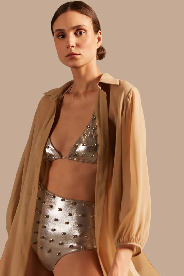 Oysters Solid High-Waisted Bikini With Pearls