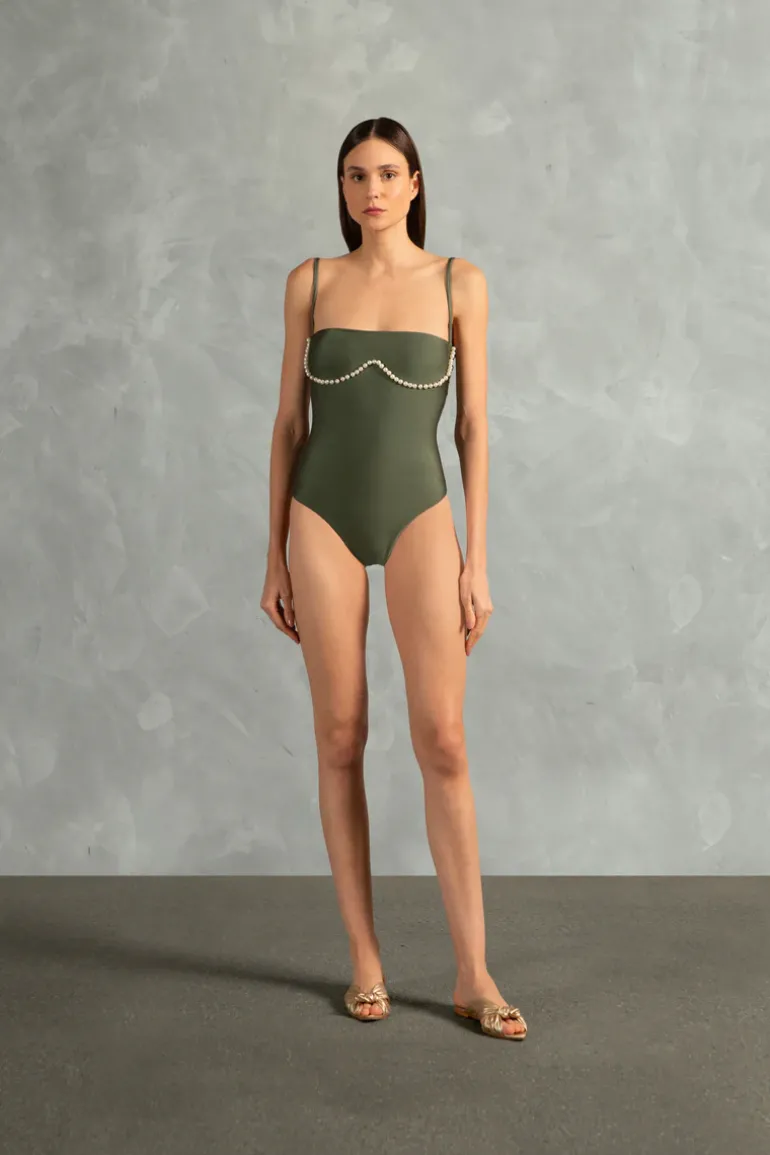 Oysters Solid Strapless Swimsuit With Pearls