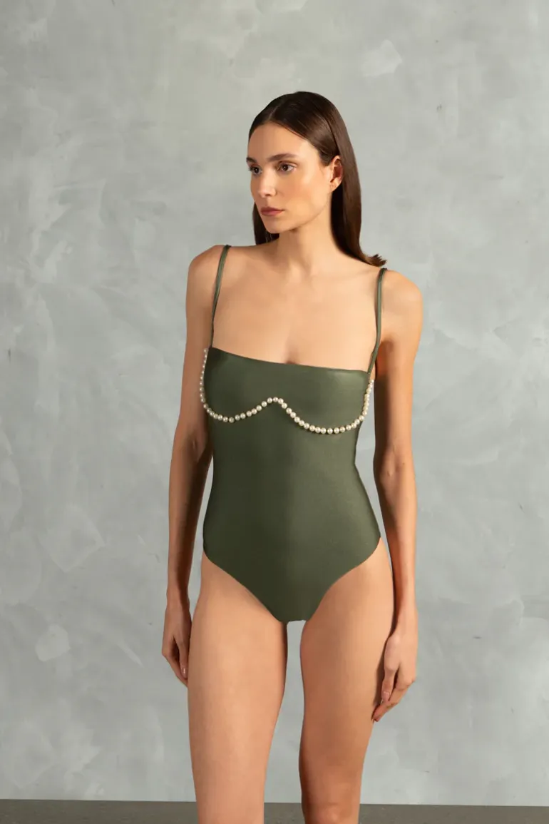 Oysters Solid Strapless Swimsuit With Pearls