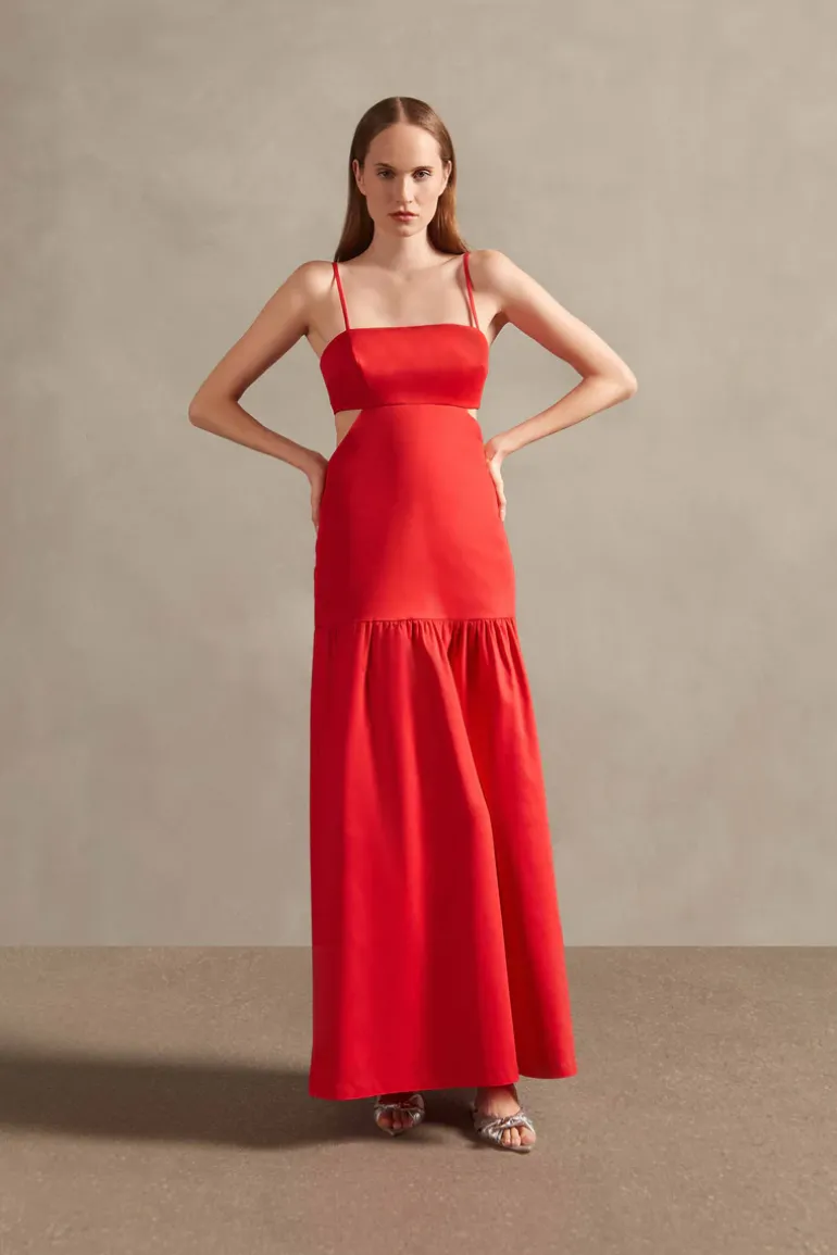 Red Solid Cotton Cut-Outs Long Dress