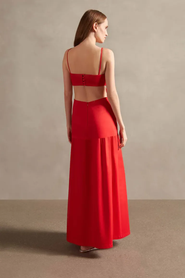 Red Solid Cotton Cut-Outs Long Dress